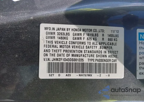 2013 Honda Cr-Z из США, поврежденный, VIN JHMZF1D43DS001225